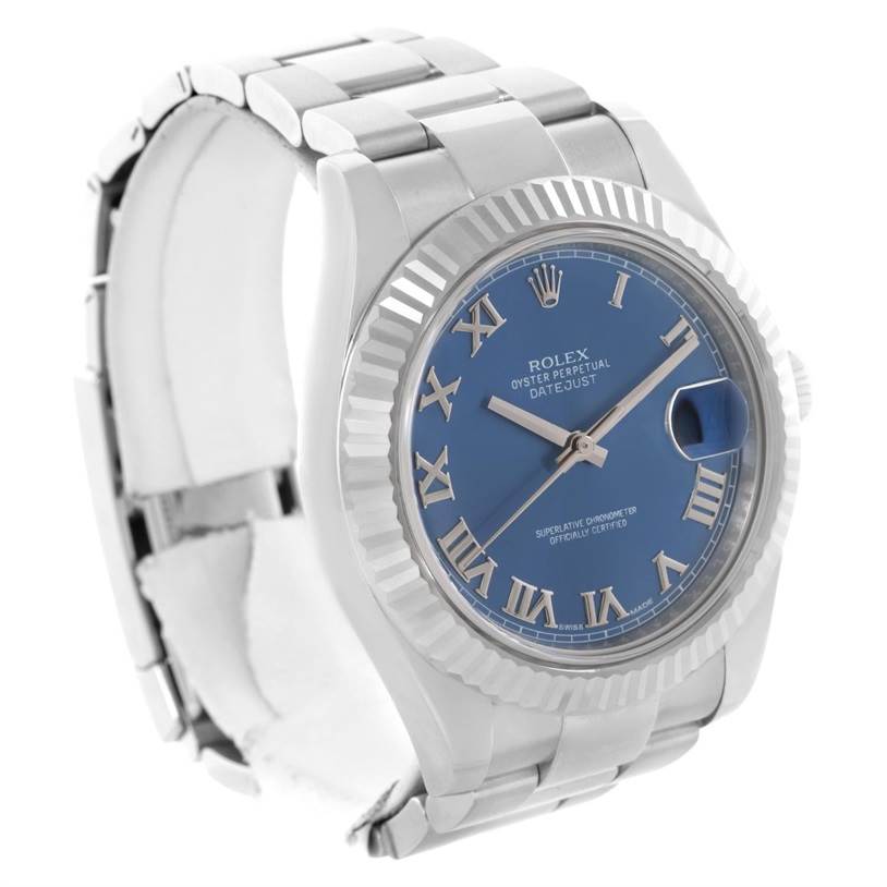 The image shows a Rolex Datejust 41 116334BLRO Men's Stainless Steel Blue Dial 116334BLRO Men's Stainless Steel Blue Dial model from an angled front view showcasing its blue dial, Roman numerals, and fluted bezel.