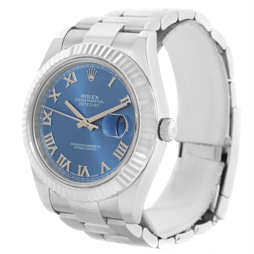 This image shows a Rolex Datejust 41 116334BLRO Men's Stainless Steel Blue Dial 116334BLRO Men's Stainless Steel Blue Dial watch at a slight side angle, displaying its blue dial, Roman numerals, fluted bezel, and bracelet.