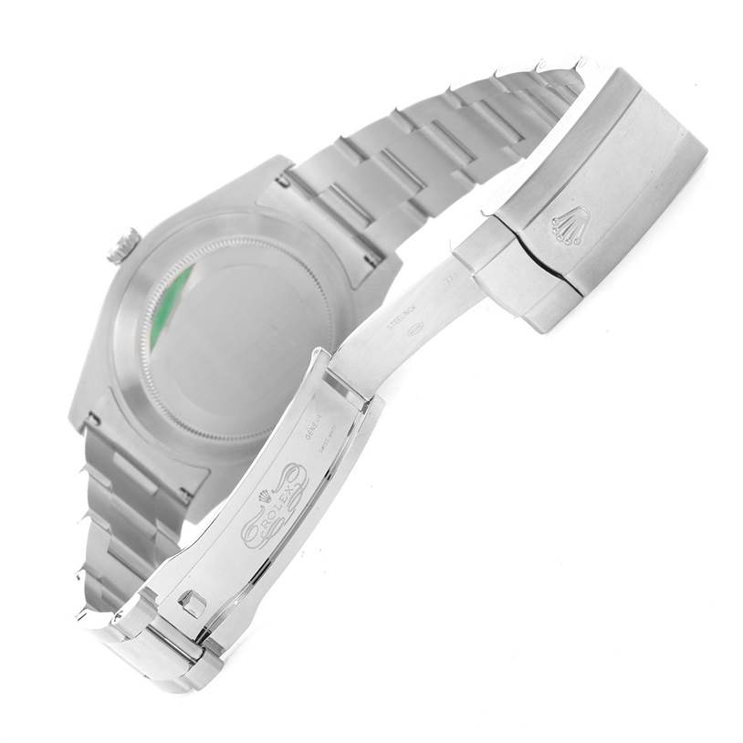 The image shows the backside and open clasp of a Rolex Datejust 41 116334BLRO Men's Stainless Steel Blue Dial 116334BLRO Men's Stainless Steel Blue Dial watch, highlighting its bracelet and case back.