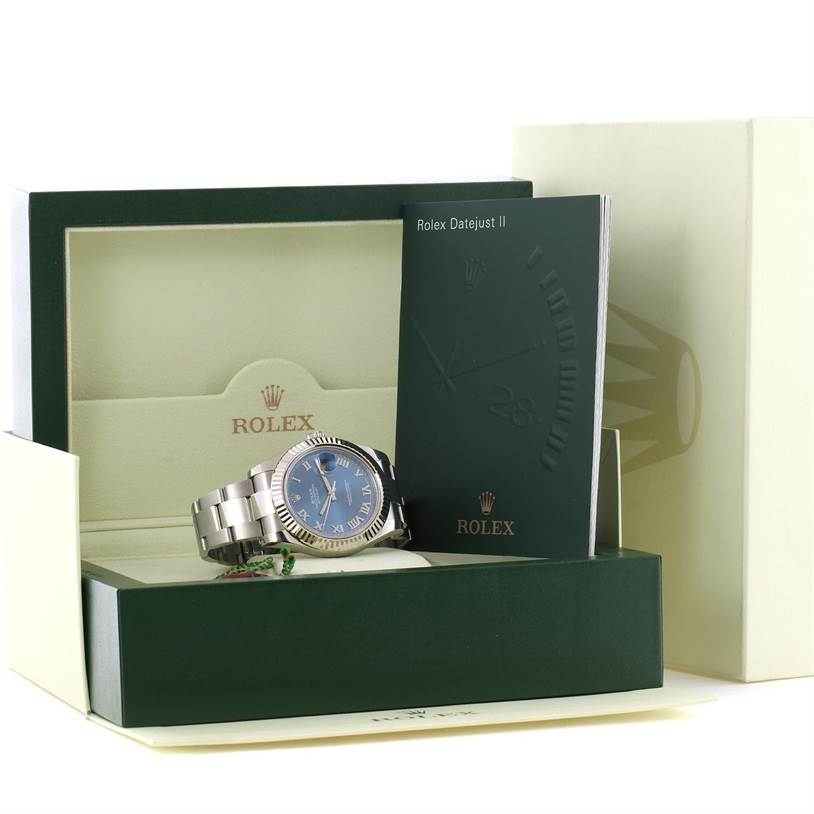 The image shows a Rolex Datejust 41 116334BLRO Men's Stainless Steel Blue Dial 116334BLRO Men's Stainless Steel Blue Dial watch with its original box, card, and manual from a front angle.