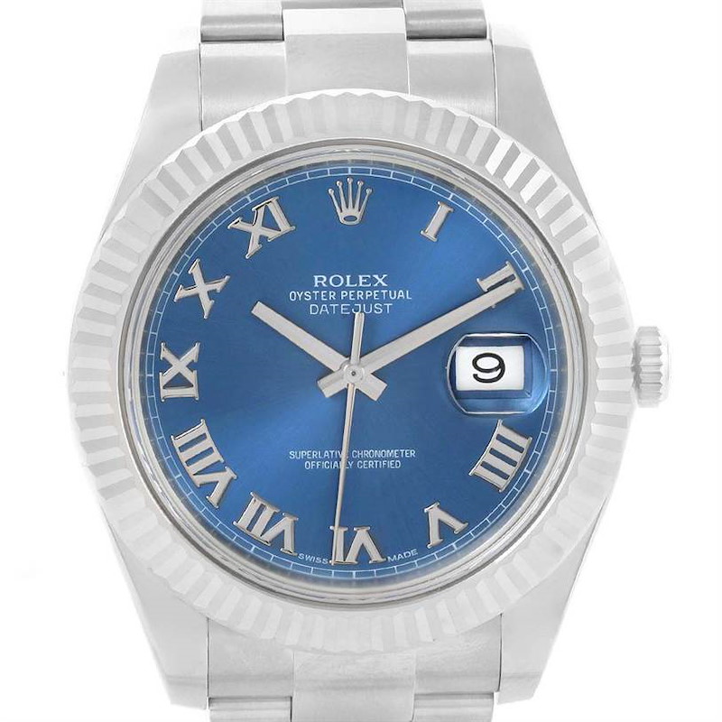 The image shows a front view of the Rolex Datejust 41 watch, featuring a blue dial, Roman numerals, and a date window.