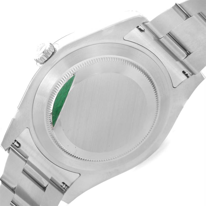 The image shows the case back, crown, and bracelet of the Rolex Datejust 41 116334BLRO Men's Stainless Steel Blue Dial 116334BLRO Men's Stainless Steel Blue Dial watch from a rear angle.