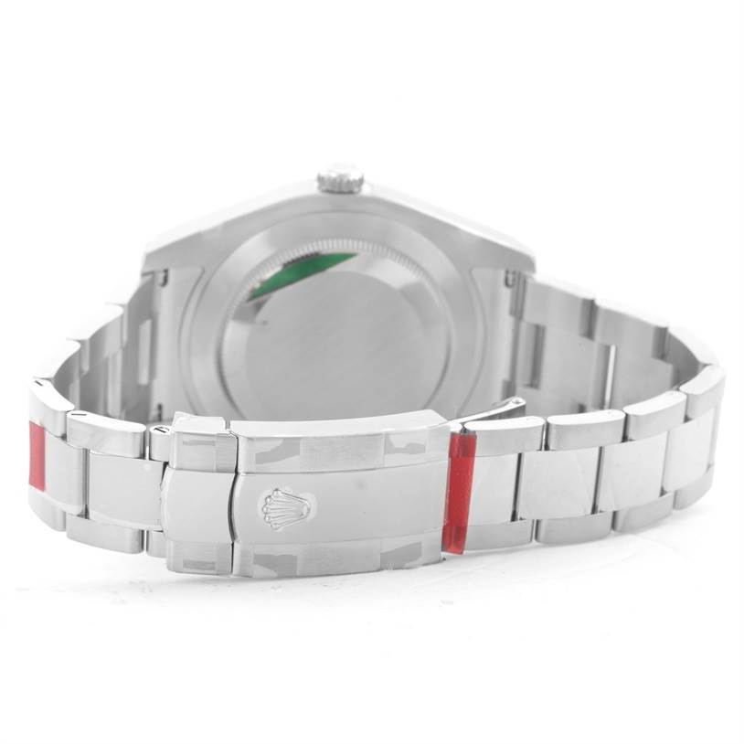 The image shows the back of a Rolex Datejust 41 116334BLRO Men's Stainless Steel Blue Dial 116334BLRO Men's Stainless Steel Blue Dial watch, focusing on the clasp and bracelet links.