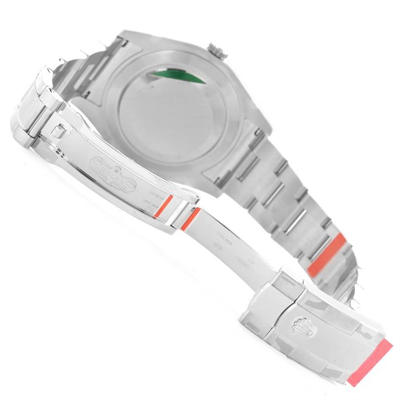 The image shows the back and clasp area of the Rolex Datejust 41 116334BLRO Men's Stainless Steel Blue Dial 116334BLRO Men's Stainless Steel Blue Dial watch at an angle, displaying its bracelet and closed deployant clasp.