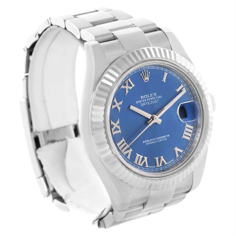 The image shows a Rolex Datejust 41 116334BLRO Men's Stainless Steel Blue Dial 116334BLRO Men's Stainless Steel Blue Dial watch from an angled front view, displaying its blue dial, fluted bezel, and part of its bracelet.