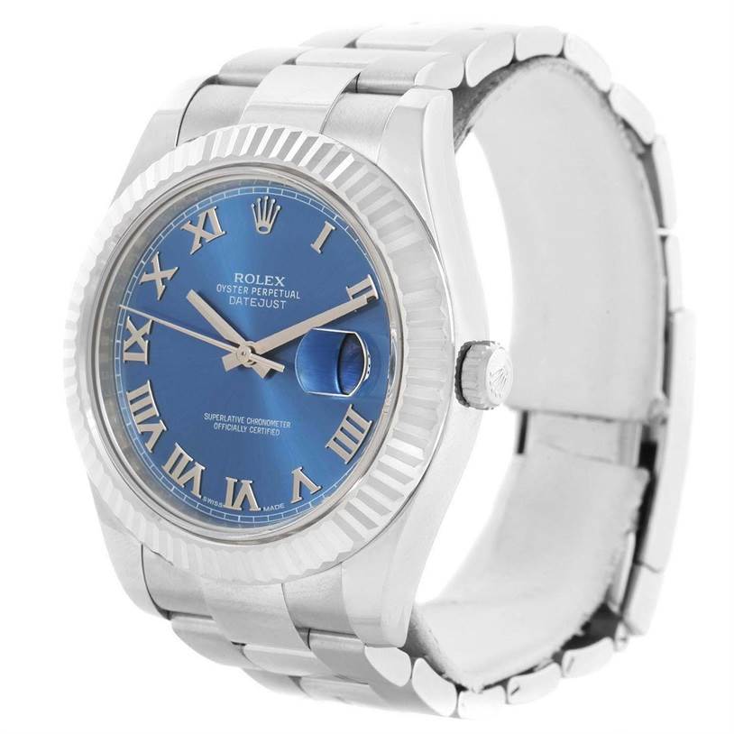 The Rolex Datejust 41 116334BLRO Men's Stainless Steel Blue Dial 116334BLRO Men's Stainless Steel Blue Dial watch is shown from an angled front view, displaying its blue dial, Roman numerals, and part of the bracelet.