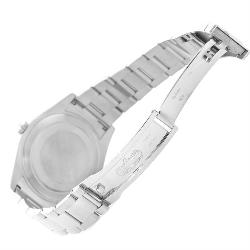 The image shows the underside and clasp of a Rolex Datejust 41 116334BLRO Men's Stainless Steel Blue Dial 116334BLRO Men's Stainless Steel Blue Dial watch, highlighting the bracelet and case back.