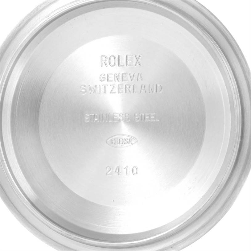 This image shows the stainless steel case back of a Rolex Datejust 41 116334BLRO Men's Stainless Steel Blue Dial 116334BLRO Men's Stainless Steel Blue Dial watch from an overhead angle.