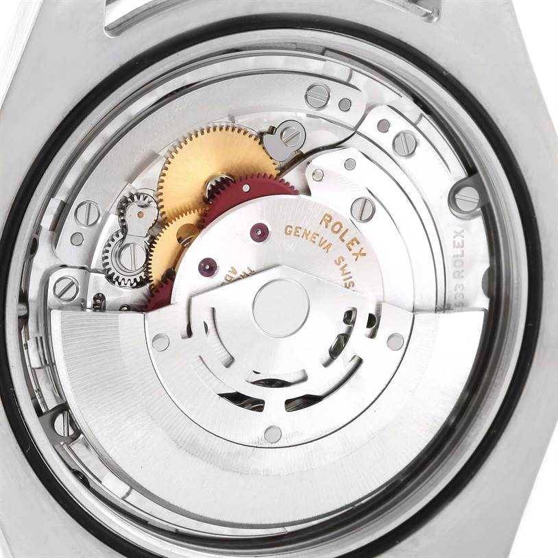 The image shows the intricate movement and internal mechanism of the Rolex Datejust 41 116334BLRO Men's Stainless Steel Blue Dial 116334BLRO Men's Stainless Steel Blue Dial model from a back angle.