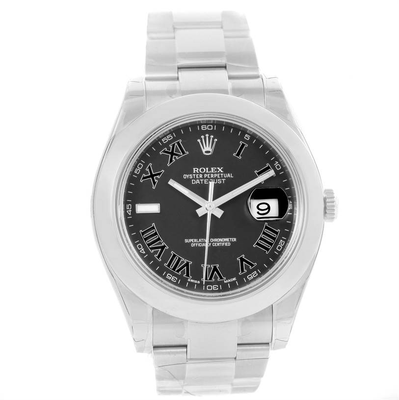 This image shows a front view of the Rolex Datejust 41 116300 Men's Stainless Steel Grey Dial 116300 Men's Stainless Steel Grey Dial with a black dial, Roman numeral markers, and a stainless steel bracelet.