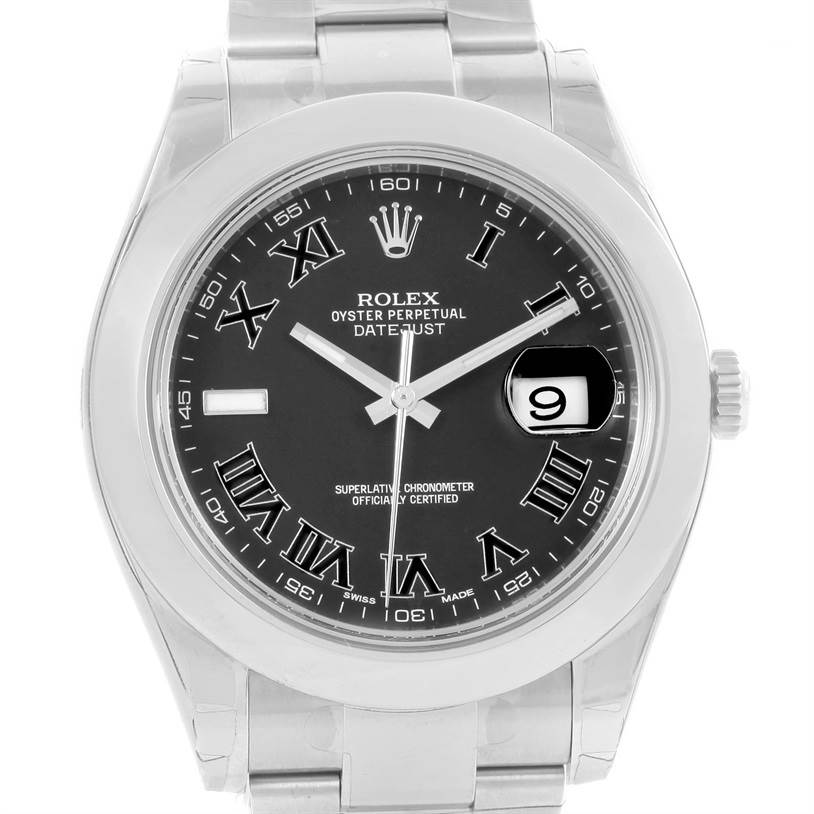 This image shows a front view of the Rolex Datejust 41 116300 Men's Stainless Steel Grey Dial 116300 Men's Stainless Steel Grey Dial watch, highlighting the dial, bezel, and part of the bracelet.