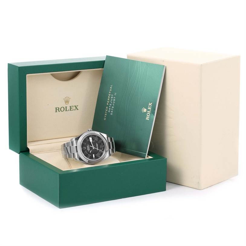 The Rolex Datejust 41 116300 Men's Stainless Steel Grey Dial 116300 Men's Stainless Steel Grey Dial watch is shown from the front and above, inside its open green box with accompanying booklet.