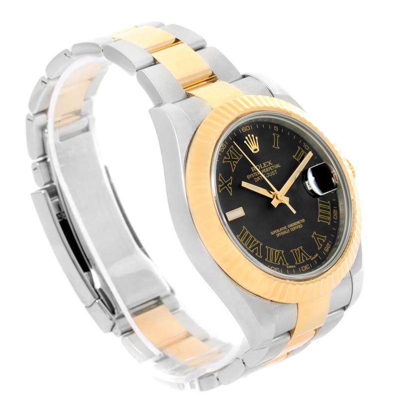 The Rolex Datejust 41 116333 Men's Steel and Gold (two tone) Grey Dial 116333 Men's Steel and Gold (two tone) Grey Dial watch is shown at an angled side view, highlighting its two-tone bracelet, black dial, and fluted bezel.