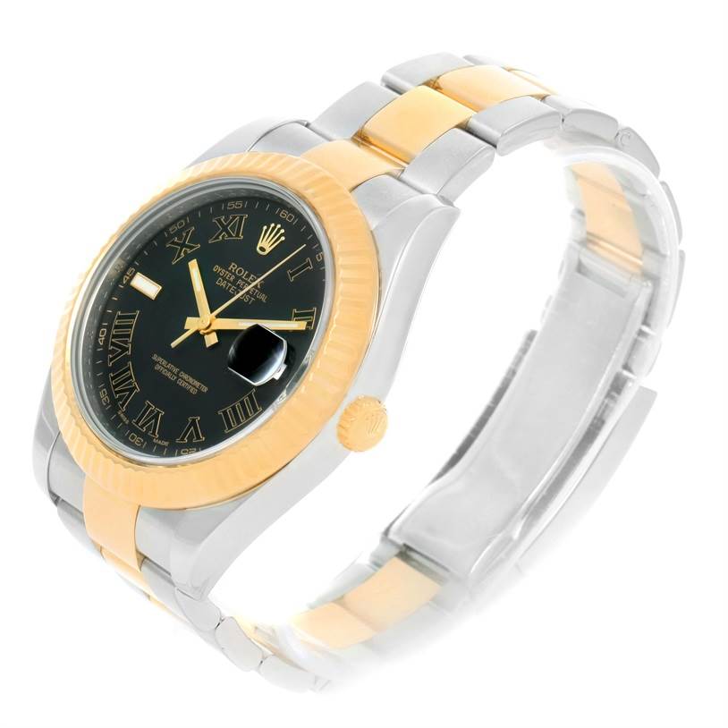 The Rolex Datejust 41 116333 Men's Steel and Gold (two tone) Grey Dial 116333 Men's Steel and Gold (two tone) Grey Dial watch is shown at a three-quarter angle, highlighting its black dial, golden bezel, and two-tone bracelet.