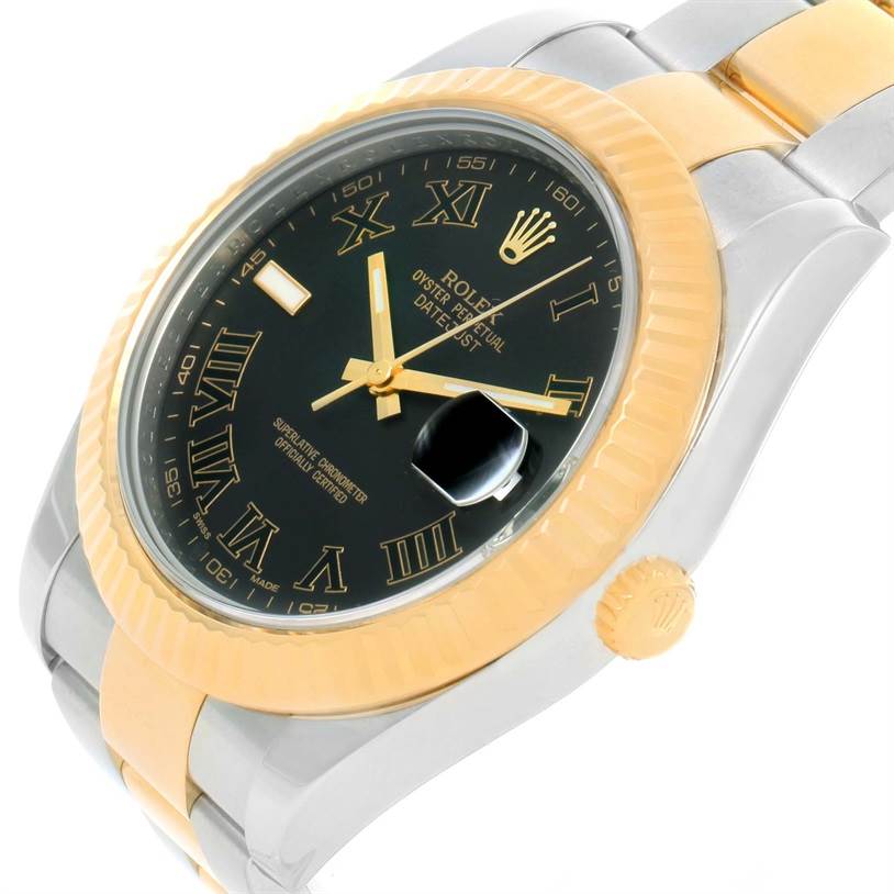 The image shows a close-up angle of the Rolex Datejust 41 116333 Men's Steel and Gold (two tone) Grey Dial 116333 Men's Steel and Gold (two tone) Grey Dial, highlighting its black dial, gold bezel, and two-tone bracelet.