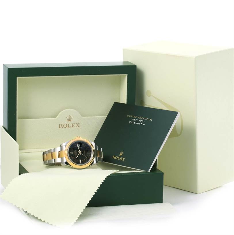 The Rolex Datejust 41 116333 Men's Steel and Gold (two tone) Grey Dial 116333 Men's Steel and Gold (two tone) Grey Dial model is shown from the front, inside its green box with accompanying manuals and a cloth.