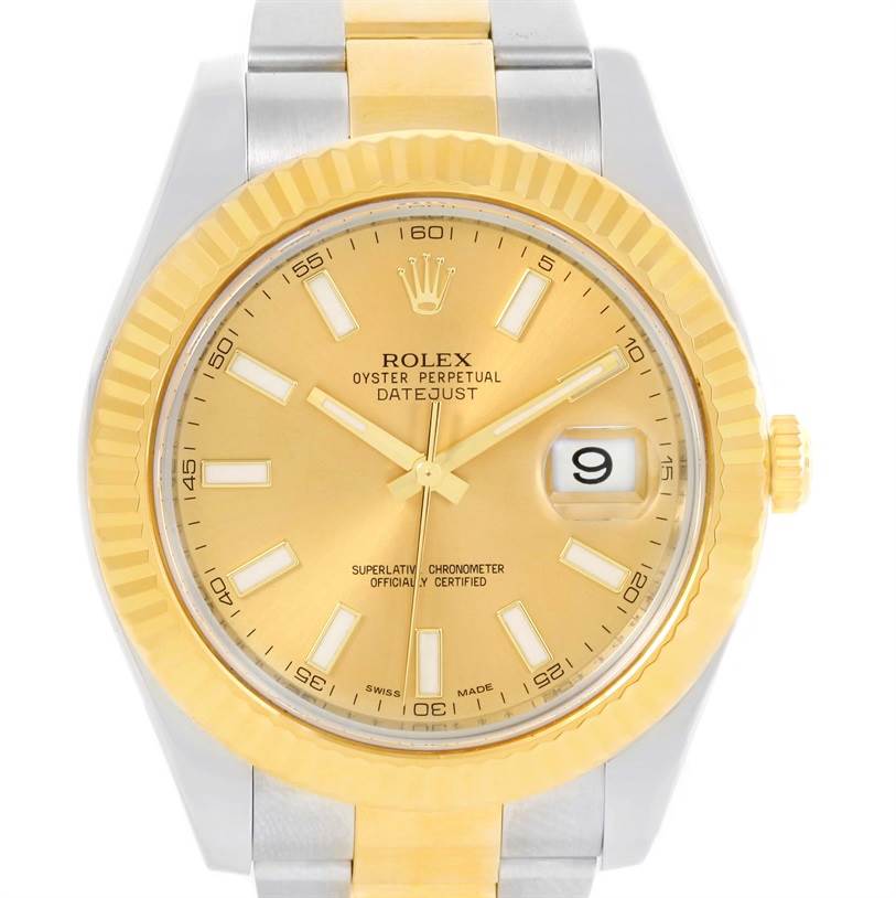 The image shows a front view of the Rolex Datejust 41 116333 Men's Steel and Gold (two tone) Champagne Dial 116333 Men's Steel and Gold (two tone) Champagne Dial model, highlighting its gold fluted bezel, dial, and two-tone bracelet.