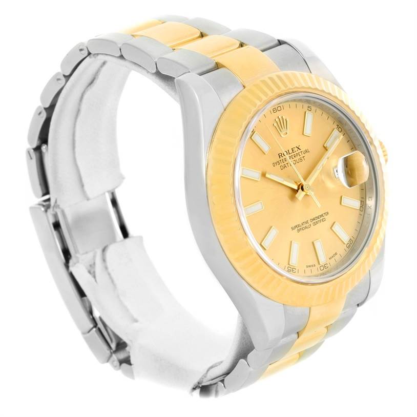The image shows a side view of the Rolex Datejust 41 116333 Men's Steel and Gold (two tone) Champagne Dial 116333 Men's Steel and Gold (two tone) Champagne Dial model, highlighting its two-tone bracelet and fluted bezel.