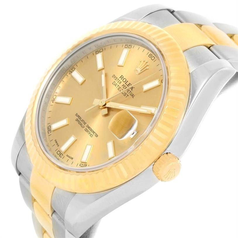 The image shows a Rolex Datejust 41 116333 Men's Steel and Gold (two tone) Champagne Dial 116333 Men's Steel and Gold (two tone) Champagne Dial watch at an angle highlighting its dial, fluted bezel, and crown.