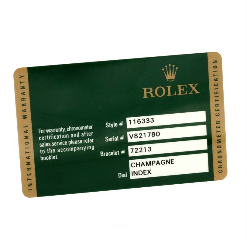 This is a warranty card for the Rolex Datejust 41 116333 Men's Steel and Gold (two tone) Champagne Dial 116333 Men's Steel and Gold (two tone) Champagne Dial model, showing details such as style, serial, bracelet numbers, and dial description.