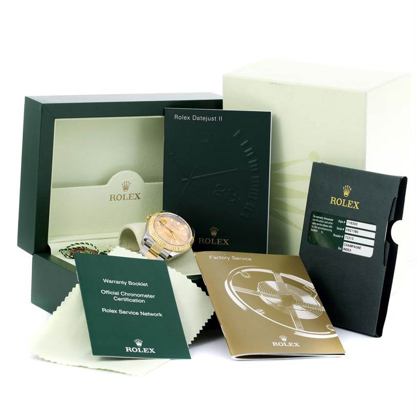 The image shows a Rolex Datejust 41 116333 Men's Steel and Gold (two tone) Champagne Dial 116333 Men's Steel and Gold (two tone) Champagne Dial watch, box, warranty booklet, official chronometer certification, factory service booklet, and cardholder.