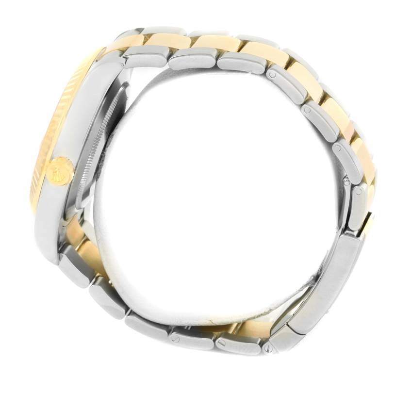 This image shows a side view of the Datejust 41 model by Rolex, highlighting the case and two-tone metal bracelet.