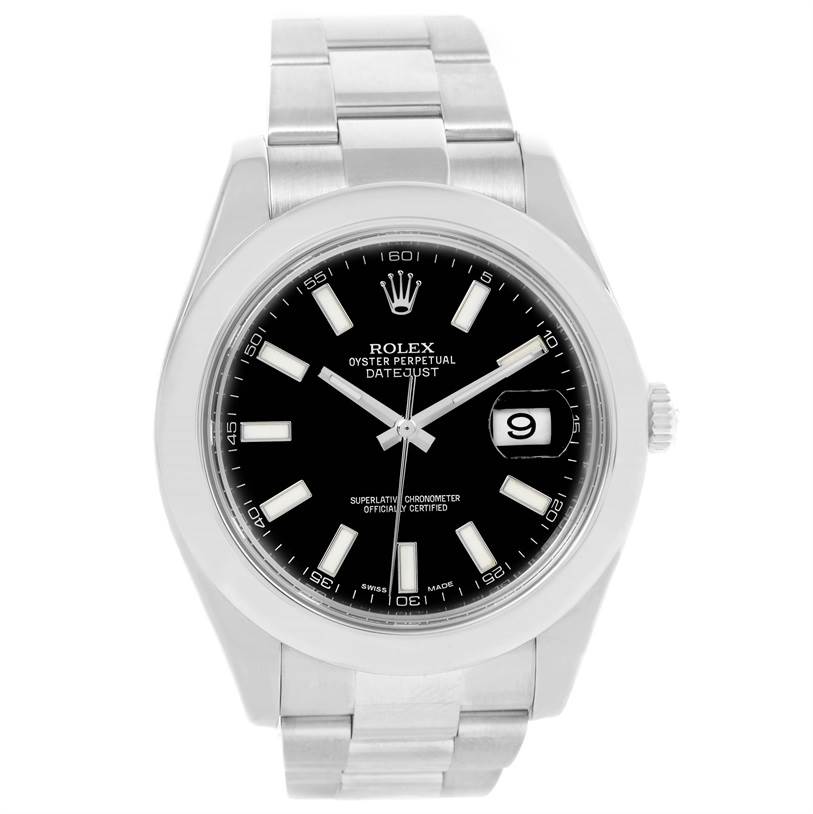 The image shows a Rolex Datejust 41 116300 Men's Stainless Steel Black Dial 116300 Men's Stainless Steel Black Dial watch from a front view, highlighting the face, bezel, and bracelet.