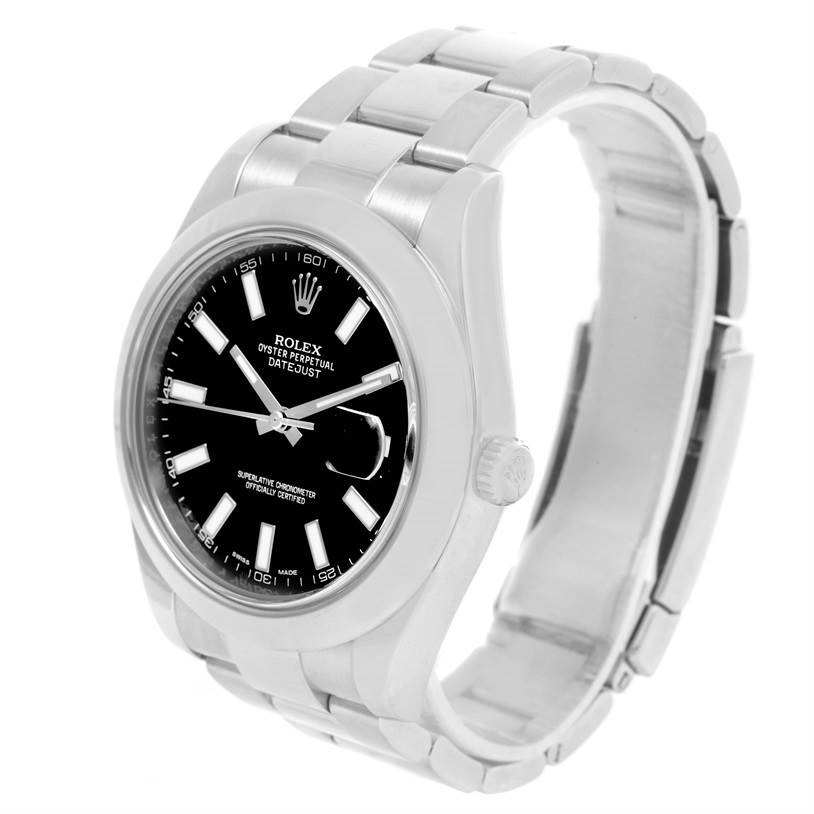 The image shows a Rolex Datejust 41 116300 Men's Stainless Steel Black Dial 116300 Men's Stainless Steel Black Dial model watch from a front-side angle, displaying the face, case, and band.