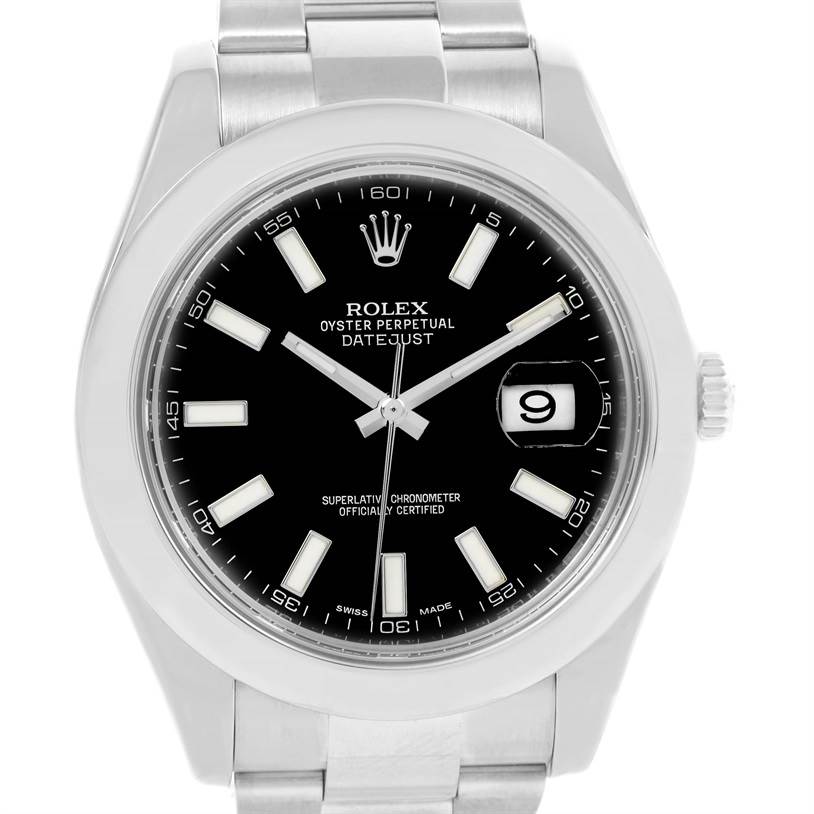 This image shows a close-up of the dial, bezel, and part of the bracelet of a Rolex Datejust 41 116300 Men's Stainless Steel Black Dial 116300 Men's Stainless Steel Black Dial watch.