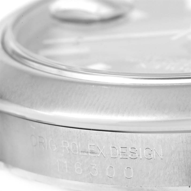 Close-up angle showing the side case and bezel, with "Orig Rolex Design" and model number engraved, on a Rolex Datejust 41 116300 Men's Stainless Steel Black Dial 116300 Men's Stainless Steel Black Dial.