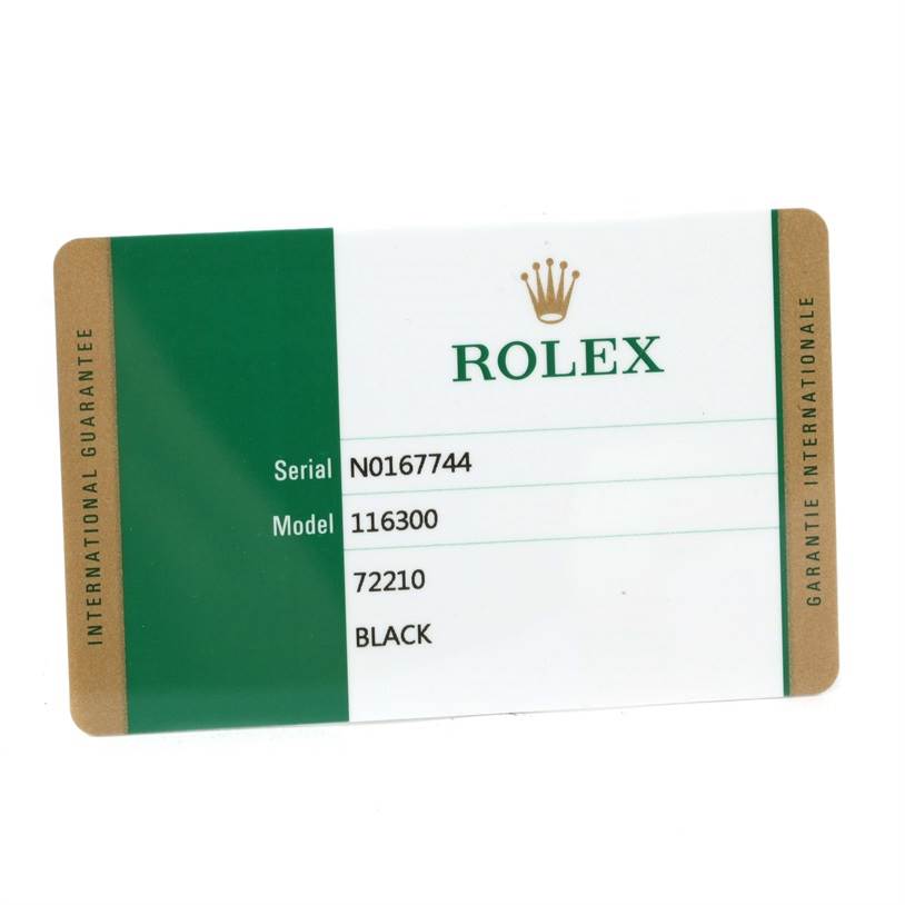 This image shows a warranty card for the Rolex Datejust 41 116300 Men's Stainless Steel Black Dial 116300 Men's Stainless Steel Black Dial model, displaying the brand, serial number, model number, and color.