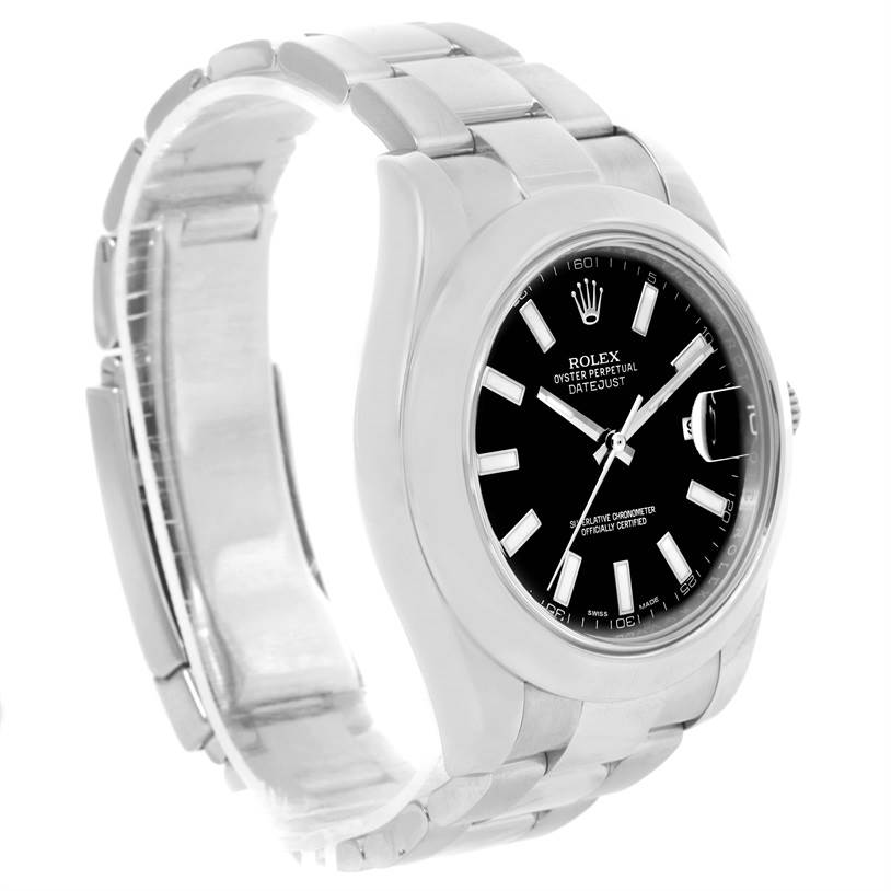 The image shows a side and slightly angled view of the Rolex Datejust 41 116300 Men's Stainless Steel Black Dial 116300 Men's Stainless Steel Black Dial watch, highlighting the face, strap, and crown.