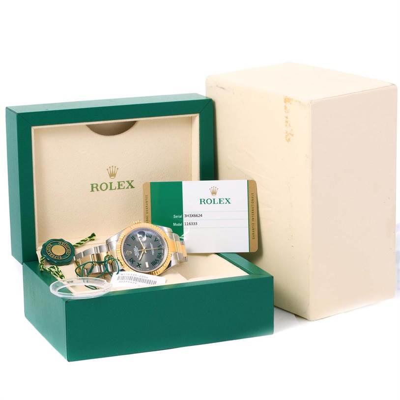 The Rolex Datejust 41 116333 Men's Steel and Gold (two tone) Grey Dial 116333 Men's Steel and Gold (two tone) Grey Dial watch is shown at an angle within its opened green box, accompanied by a warranty card, tag, and outer box.