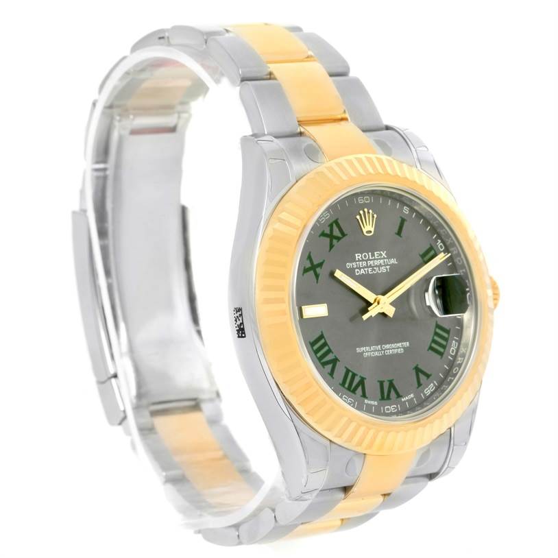 The image shows a Rolex Datejust 41 116333 Men's Steel and Gold (two tone) Grey Dial 116333 Men's Steel and Gold (two tone) Grey Dial watch from an angle highlighting the face, bracelet, and fluted bezel.