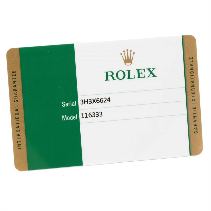 This image shows an international guarantee card for a Rolex Datejust 41 116333 Men's Steel and Gold (two tone) Grey Dial 116333 Men's Steel and Gold (two tone) Grey Dial with model number 116333.