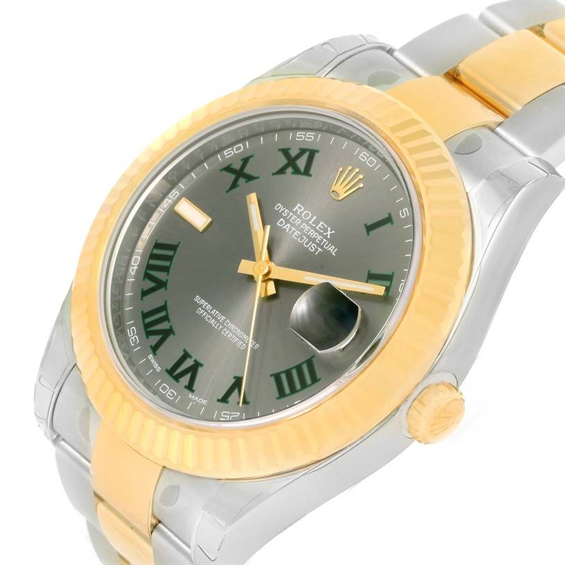 The Rolex Datejust 41 116333 Men's Steel and Gold (two tone) Grey Dial 116333 Men's Steel and Gold (two tone) Grey Dial watch is shown from an angled front view, highlighting the dial, bezel, and part of the bracelet.