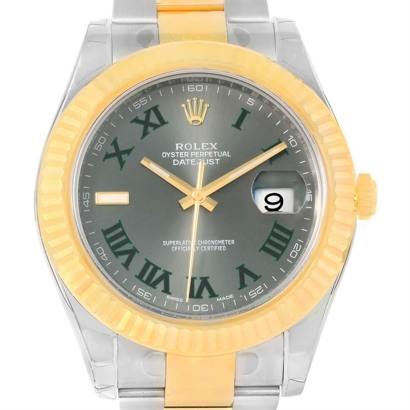 This image shows a front view of the Rolex Datejust 41 116333 Men's Steel and Gold (two tone) Grey Dial 116333 Men's Steel and Gold (two tone) Grey Dial watch, highlighting the dial, bezel, and part of the bracelet.