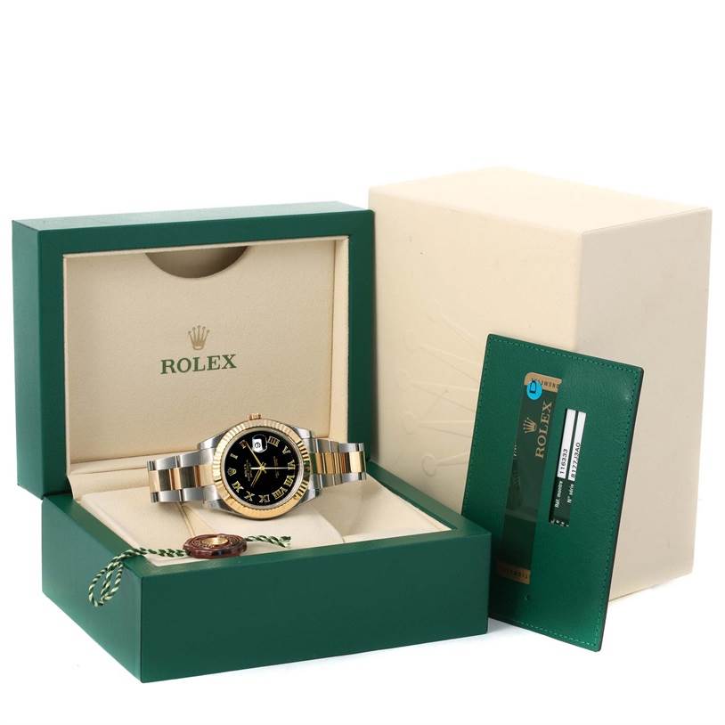 The Rolex Datejust 41 116333 Men's Steel and Gold (two tone) Black Dial 116333 Men's Steel and Gold (two tone) Black Dial watch is displayed in its open green box with accessories, tags, and authenticity card.