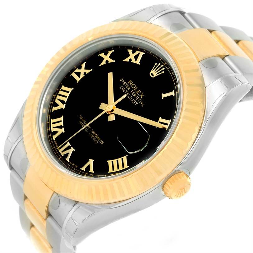 The image shows a close-up angled view of the Rolex Datejust 41 116333 Men's Steel and Gold (two tone) Black Dial 116333 Men's Steel and Gold (two tone) Black Dial watch, highlighting the dial, bezel, and part of the bracelet.