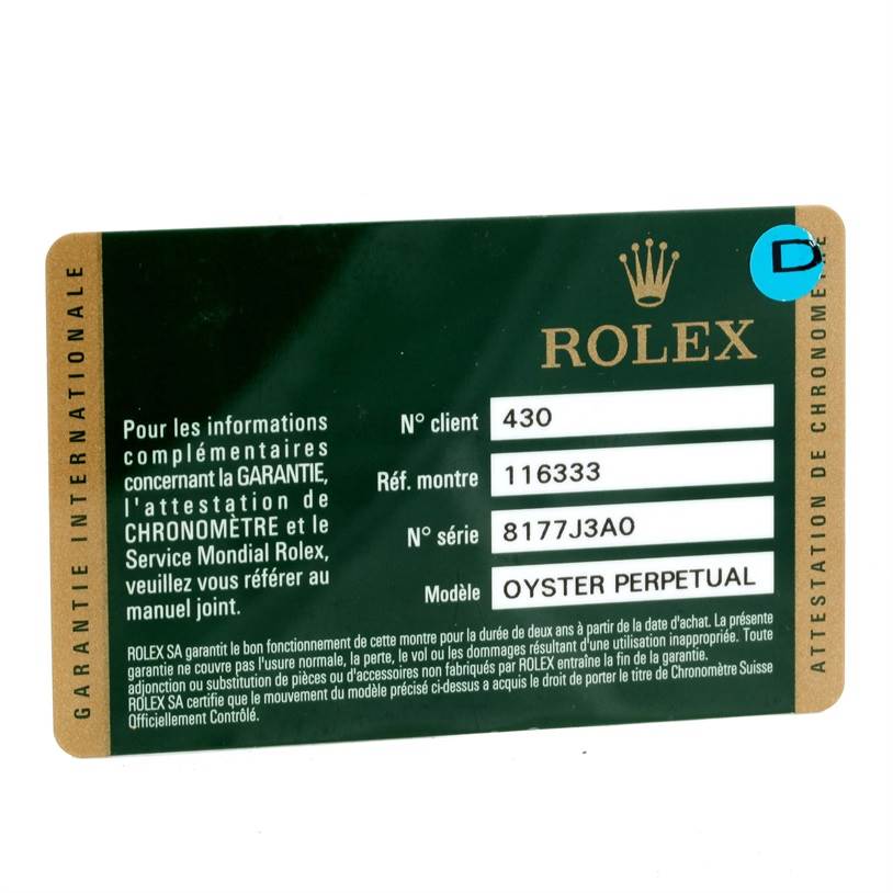 This image shows the warranty card for the Rolex Datejust 41 116333 Men's Steel and Gold (two tone) Black Dial 116333 Men's Steel and Gold (two tone) Black Dial model, with details like client number, reference number, and serial number.