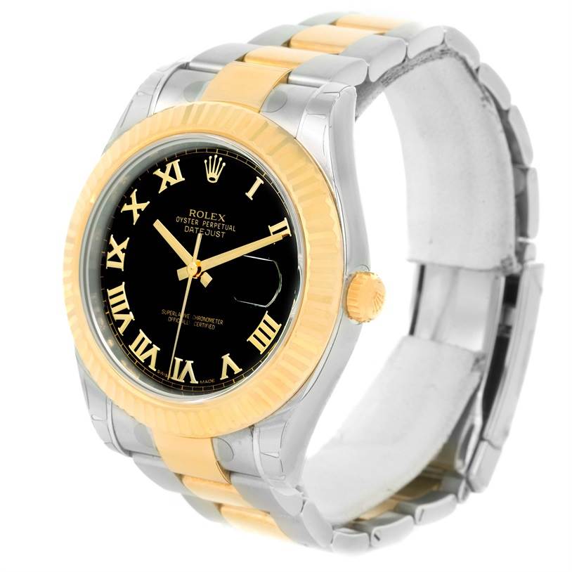 This Rolex Datejust 41 116333 Men's Steel and Gold (two tone) Black Dial 116333 Men's Steel and Gold (two tone) Black Dial watch is shown at a slight left angle, showcasing its black dial, gold bezel, and two-tone bracelet.