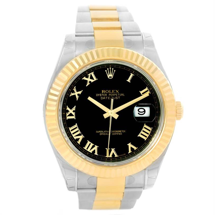 The image shows a frontal view of the Rolex Datejust 41 116333 Men's Steel and Gold (two tone) Black Dial 116333 Men's Steel and Gold (two tone) Black Dial watch, highlighting its black dial, gold Roman numerals, and two-tone bracelet.