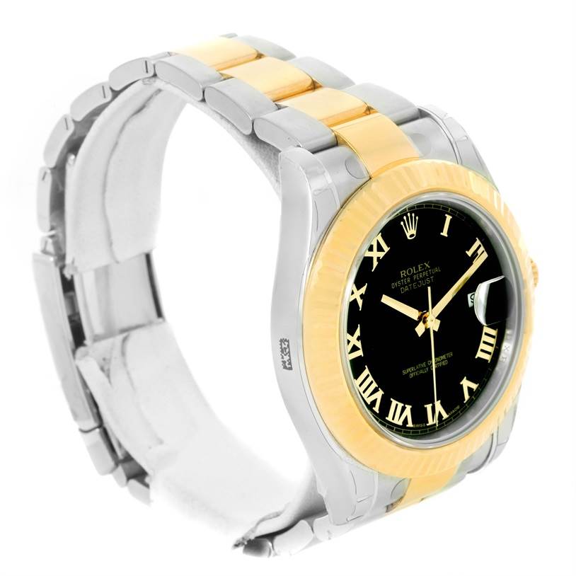 The image shows a Rolex Datejust 41 116333 Men's Steel and Gold (two tone) Black Dial 116333 Men's Steel and Gold (two tone) Black Dial watch angled to display the side and partial front, highlighting the two-tone bracelet and black dial.