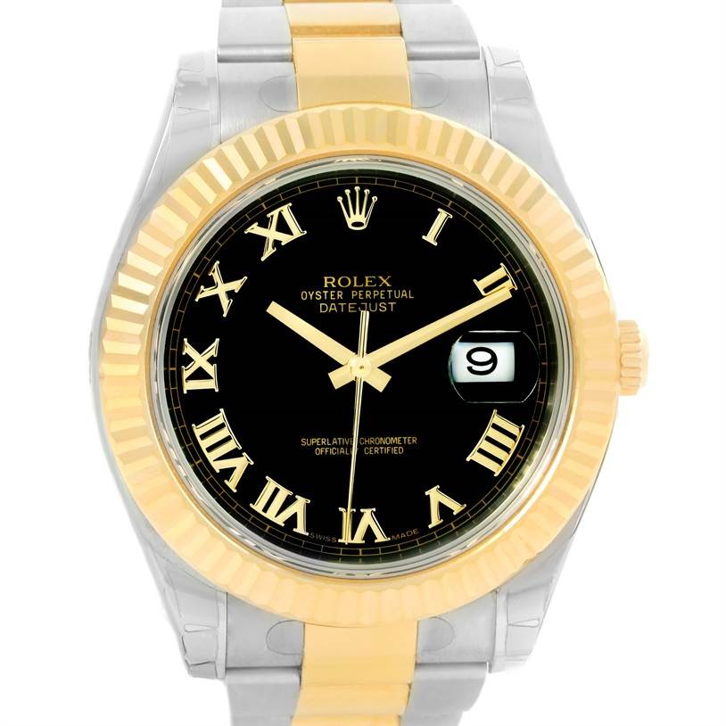 This image shows a frontal view of the Rolex Datejust 41 116333 Men's Steel and Gold (two tone) Black Dial 116333 Men's Steel and Gold (two tone) Black Dial watch, highlighting its black dial, gold Roman numerals, and two-tone bracelet.