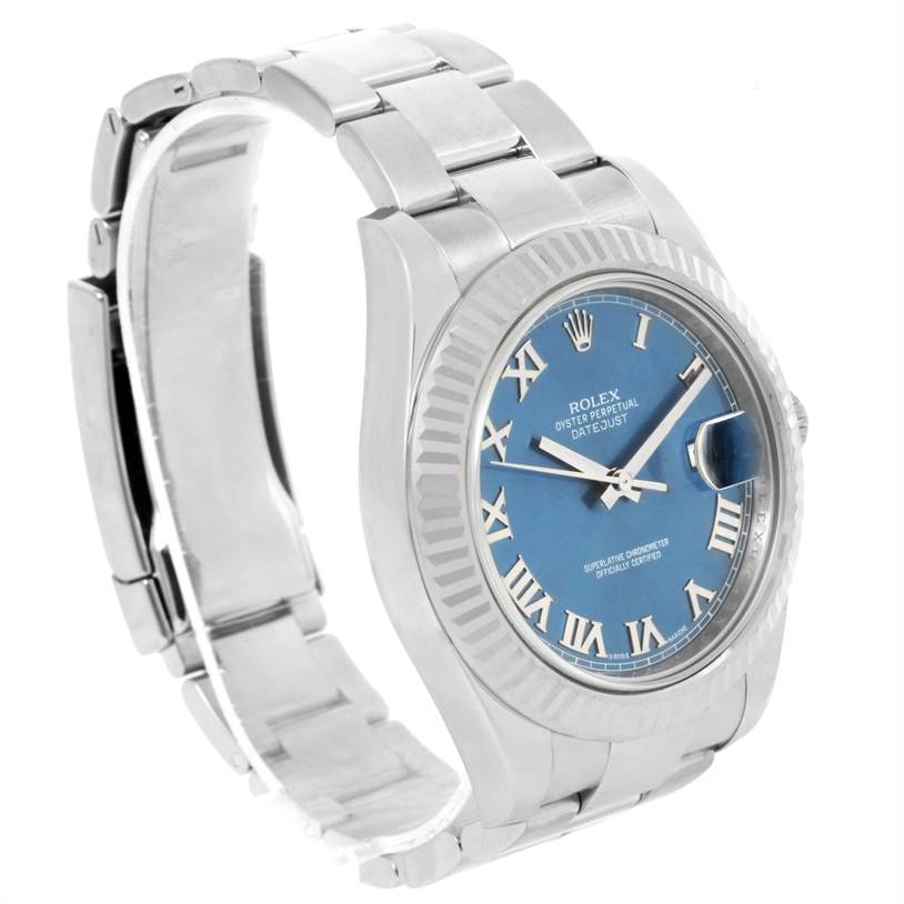 The image shows a side angle view of a Rolex Datejust 41 116334BLRO Men's Stainless Steel Blue Dial 116334BLRO Men's Stainless Steel Blue Dial watch, displaying its metallic band, case, and blue dial with Roman numeral markers.