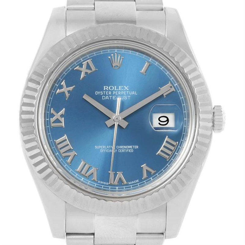 The image shows a front view of the Rolex Datejust 41 watch featuring a blue dial, Roman numerals, and a date window.