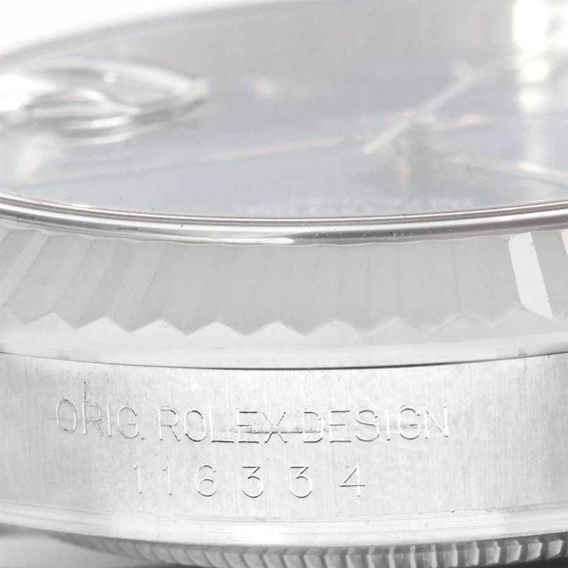 The image shows a close-up of the case edge and model engraving of the Rolex Datejust 41 116334BLRO Men's Stainless Steel Blue Dial 116334BLRO Men's Stainless Steel Blue Dial watch.