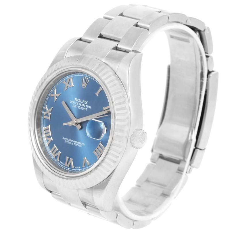 The image shows a Rolex Datejust 41 116334BLRO Men's Stainless Steel Blue Dial 116334BLRO Men's Stainless Steel Blue Dial watch with a blue dial and Roman numerals at a three-quarter angle.