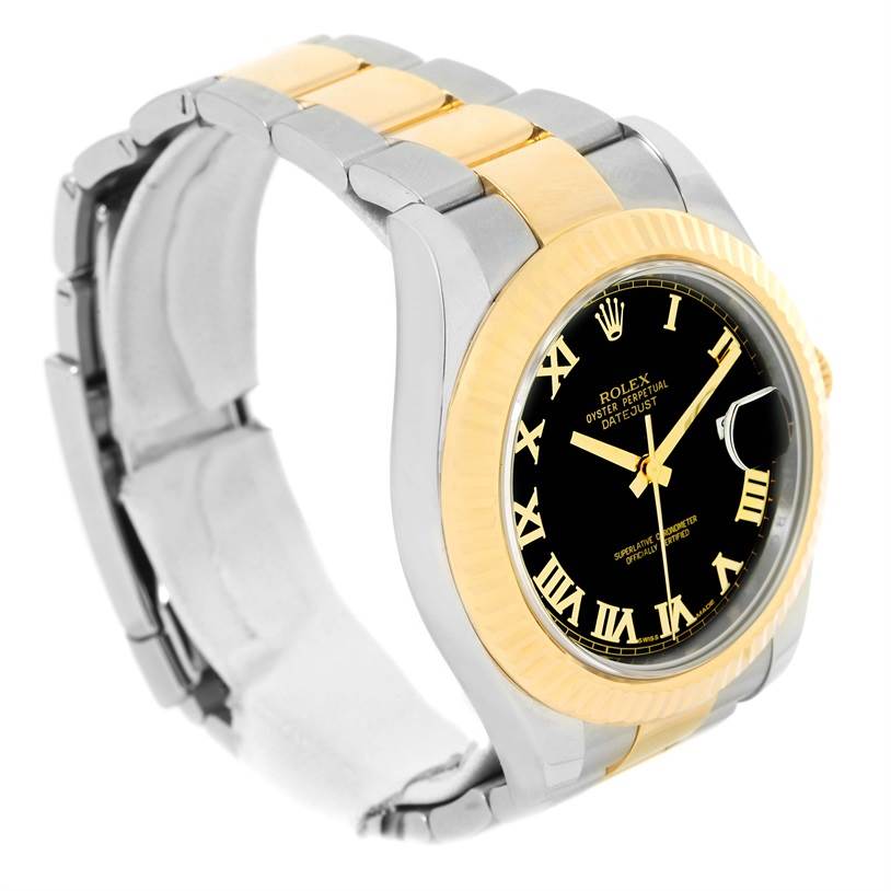 The image shows a Rolex Datejust 41 116333 Men's Steel and Gold (two tone) Black Dial 116333 Men's Steel and Gold (two tone) Black Dial watch at a slight side angle, featuring a two-tone band and black dial.