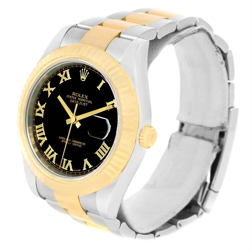 This image shows a Rolex Datejust 41 116333 Men's Steel and Gold (two tone) Black Dial 116333 Men's Steel and Gold (two tone) Black Dial model at a three-quarter angle highlighting the black dial, gold bezel, and two-tone bracelet.